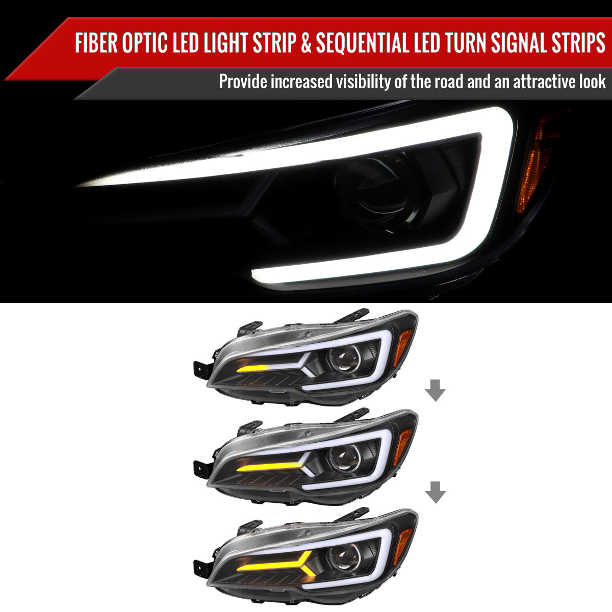 Spec-D V2 LED Bar Style Projector Headlights w/ Matte Black Base and Clear Lens - 15-21 WRX/STI w/ Halogen Headlight