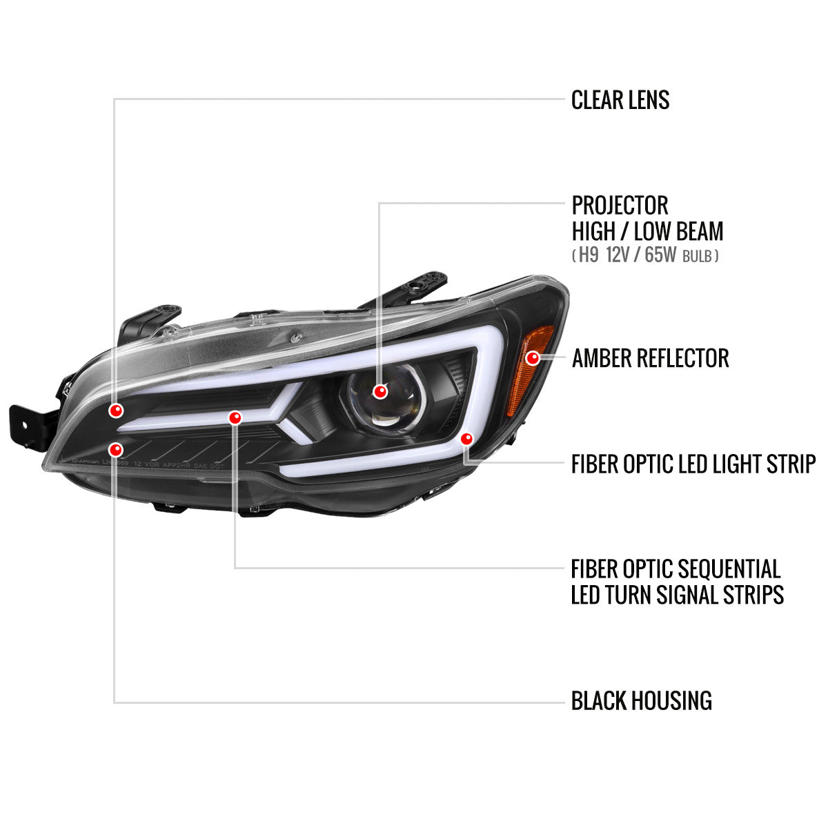 Spec-D V2 LED Bar Style Projector Headlights w/ Matte Black Base and Clear Lens - 15-21 WRX/STI w/ Halogen Headlight