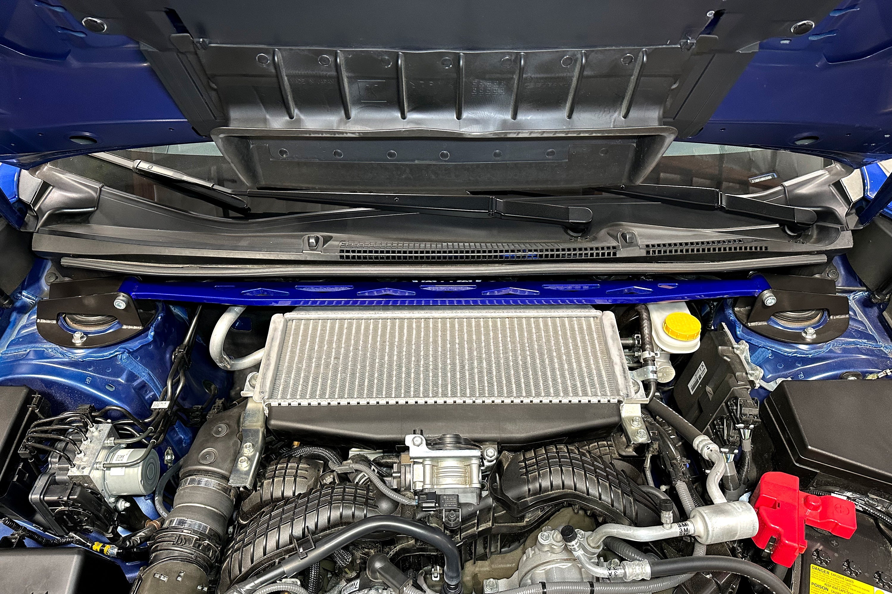 HPS Performance Blue Front Strut Tower Bar Installed 5th Gen Subaru WRX 2.4L Turbo VB 42-118