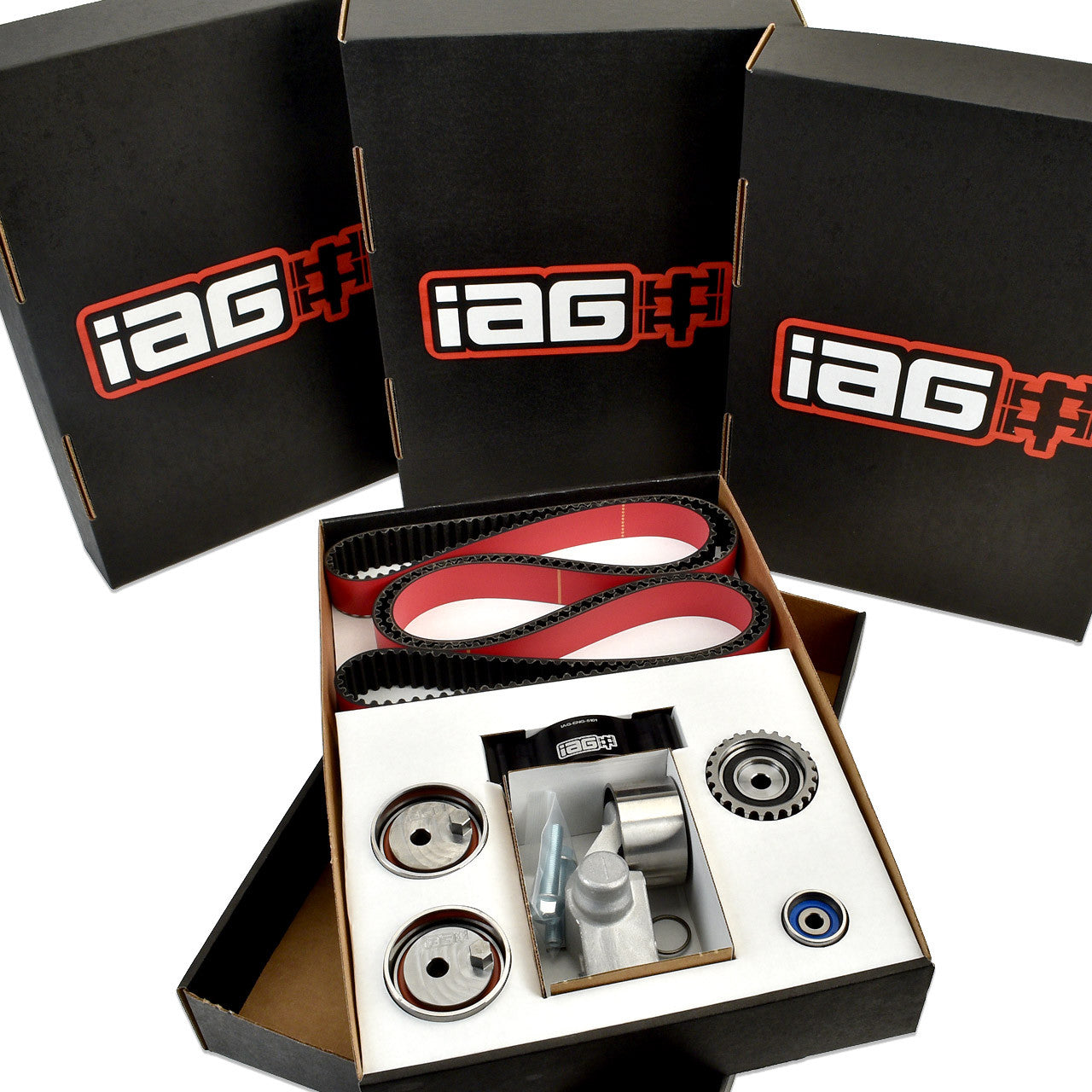 IAG Timing Belt Kit with IAG Red Racing Belt, Timing Guide, Adjustable Idlers & Tensioner - 02-14 WRX, 04-21 STI, 05-12 LGT, 04-13 FXT