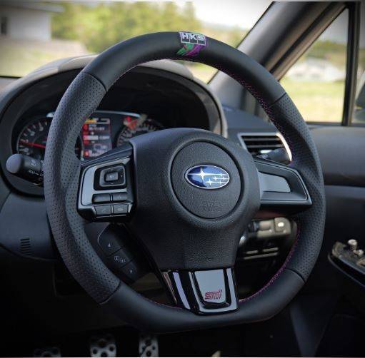HKS Direct Fit Steering Wheel Black Smooth Leather w/ Perforated Grip, Oil Slick Stitching, and Embroidered HKS Logo - 2015-2021 WRX / 2015-2021 STI