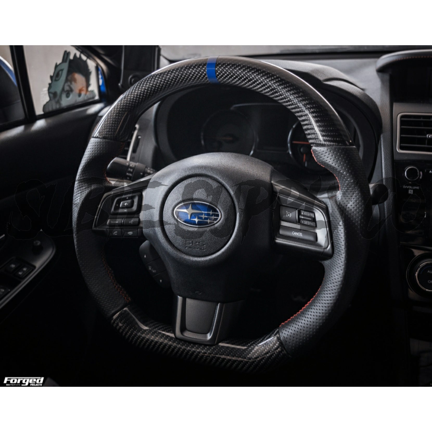 SSC BLACK LEATHER/CARBON FIBER STEERING WHEEL WITH RED STITCHING - 2015-2021 WRX/STI