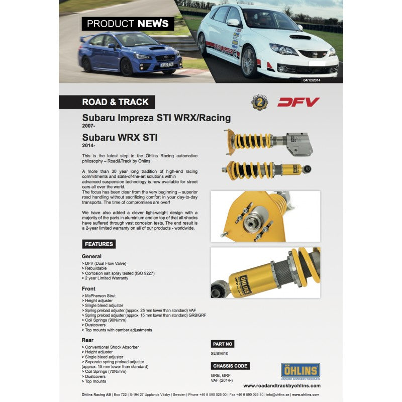 OHLINS ROAD AND TRACK COILOVERS - 08-21 STI, 15-21 WRX