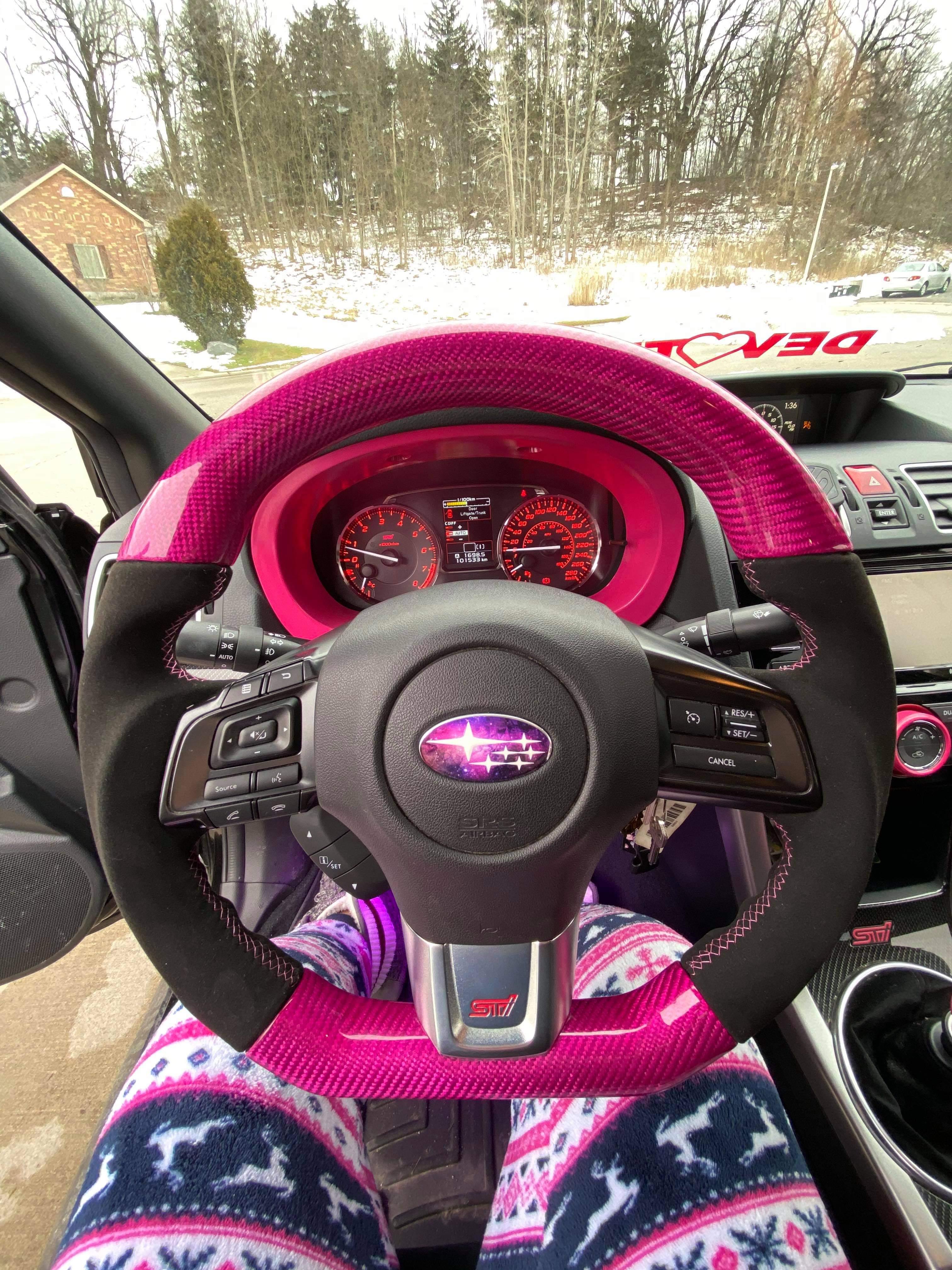 SSC BLACK ALCANTARA/PINK CARBON FIBER STEERING WHEEL WITH PINK STITCHING - 2015-2021 WRX/STI