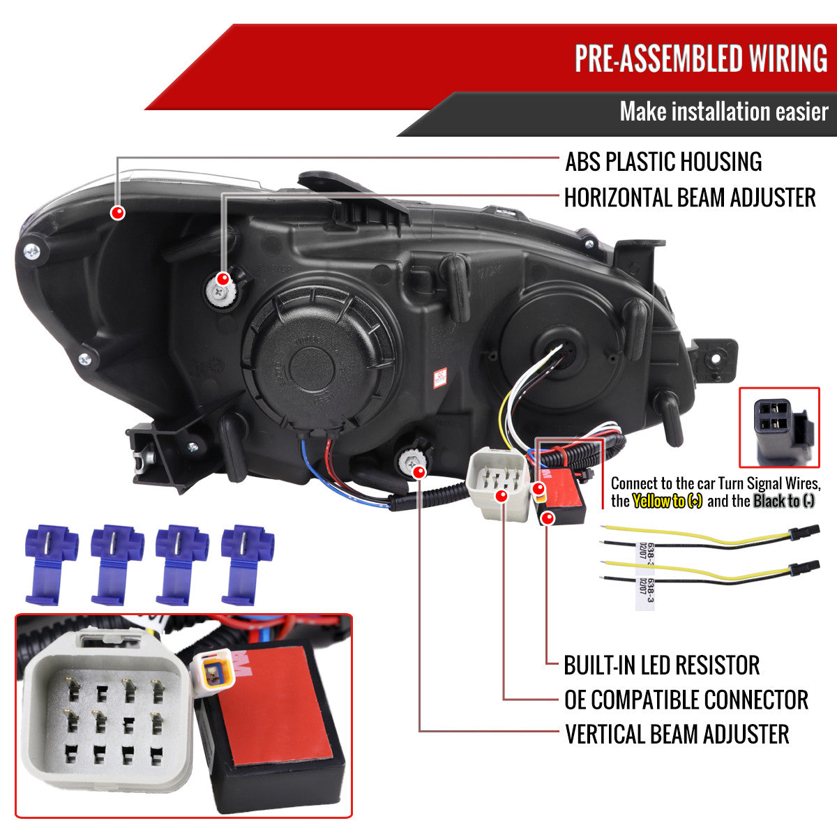 Spec-D V2 LED Bar Style Projector Headlights w/ Matte Black Base and Clear Lens - 15-21 WRX/STI w/ Halogen Headlight
