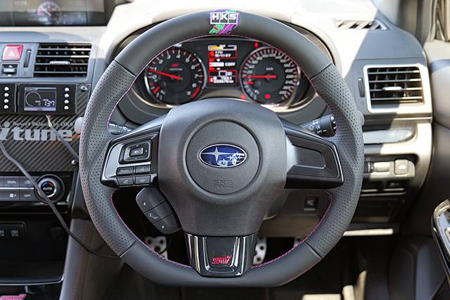 HKS Direct Fit Steering Wheel Black Smooth Leather w/ Perforated Grip, Oil Slick Stitching, and Embroidered HKS Logo - 2015-2021 WRX / 2015-2021 STI