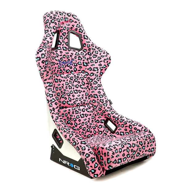 NRG FRP Bucket Seat PRISMA SAVAGE Edition White Pearlized Back Pink Panther Leopard Print - Medium