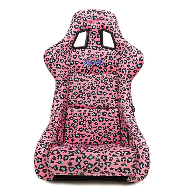 NRG FRP Bucket Seat PRISMA SAVAGE Edition White Pearlized Back Pink Panther Leopard Print - Medium