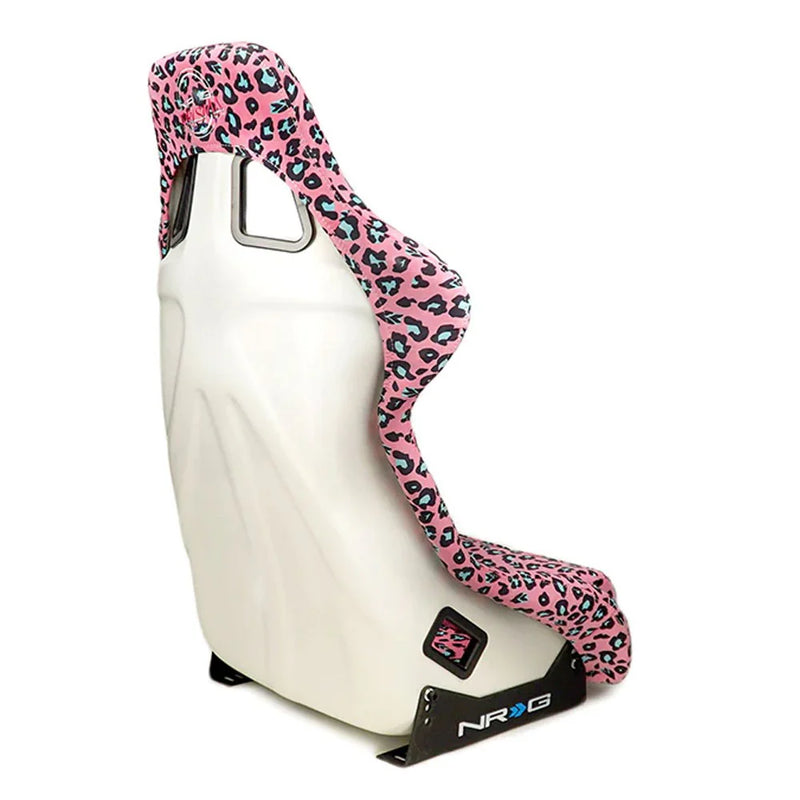 NRG FRP Bucket Seat PRISMA SAVAGE Edition White Pearlized Back Pink Panther Leopard Print - Medium