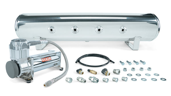 4 Gal. 7-Port Polished Tank w/ Viair 444c chrome compressor, 1/4" & 3/8" fittings & tank mounting hardware