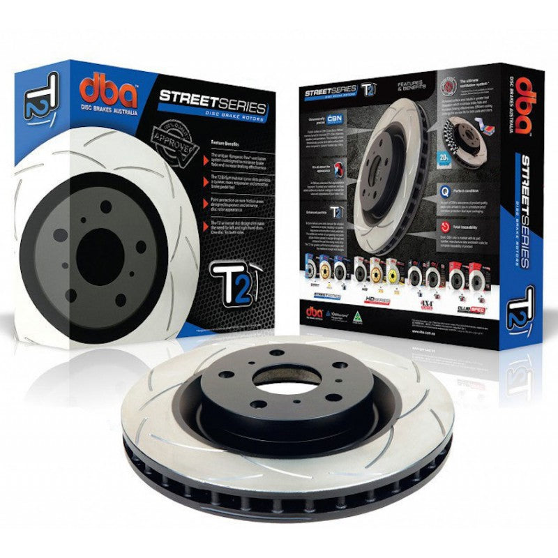 DBA T2 Street Series Slotted Front Rotor - 2015-2021 WRX w/ Steel Calipers, 2014-2016 Forester XT, 2005-2014 LGT
