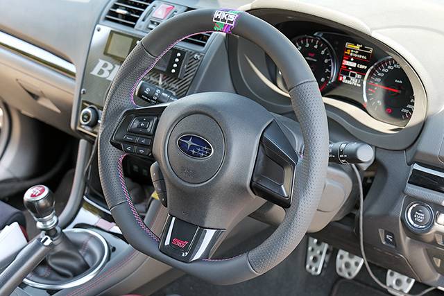 HKS Direct Fit Steering Wheel Black Smooth Leather w/ Perforated Grip, Oil Slick Stitching, and Embroidered HKS Logo - 2015-2021 WRX / 2015-2021 STI