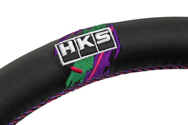 HKS Direct Fit Steering Wheel Black Smooth Leather w/ Perforated Grip, Oil Slick Stitching, and Embroidered HKS Logo - 2015-2021 WRX / 2015-2021 STI