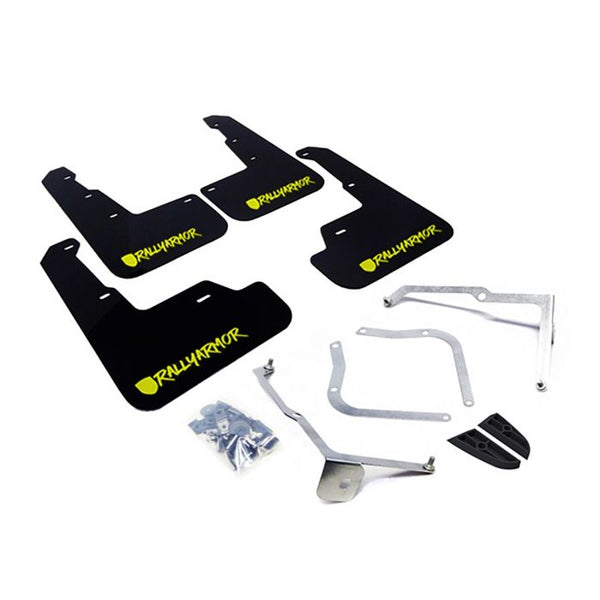 RALLY ARMOR UR MUDFLAPS - NEW ERA - BLACK/NEON YELLOW LOGO - 2015-2021 WRX, 2015-2021 STI