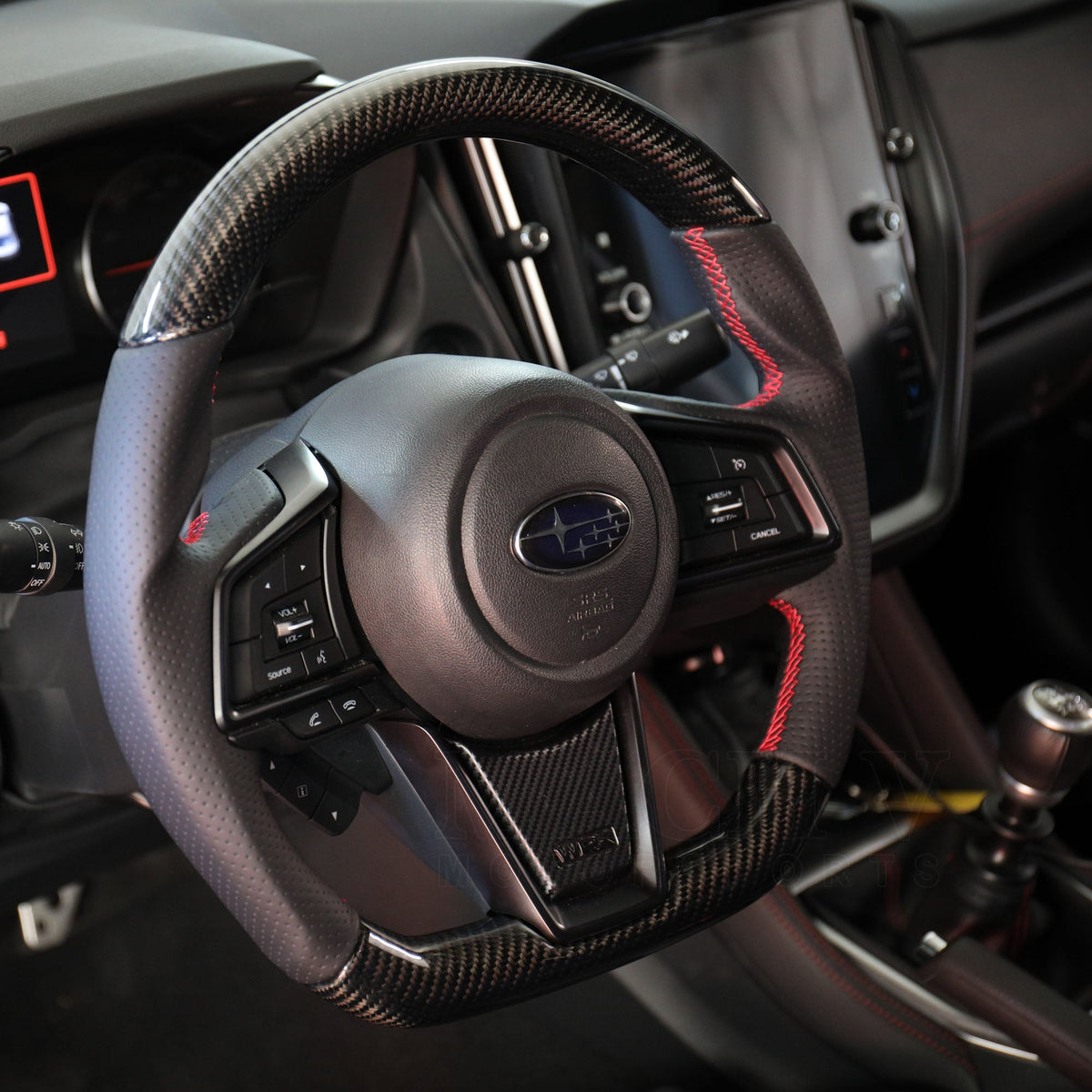 SSC BLACK LEATHER/CARBON FIBER STEERING WHEEL WITH RED STITCHING  - 2022+ WRX