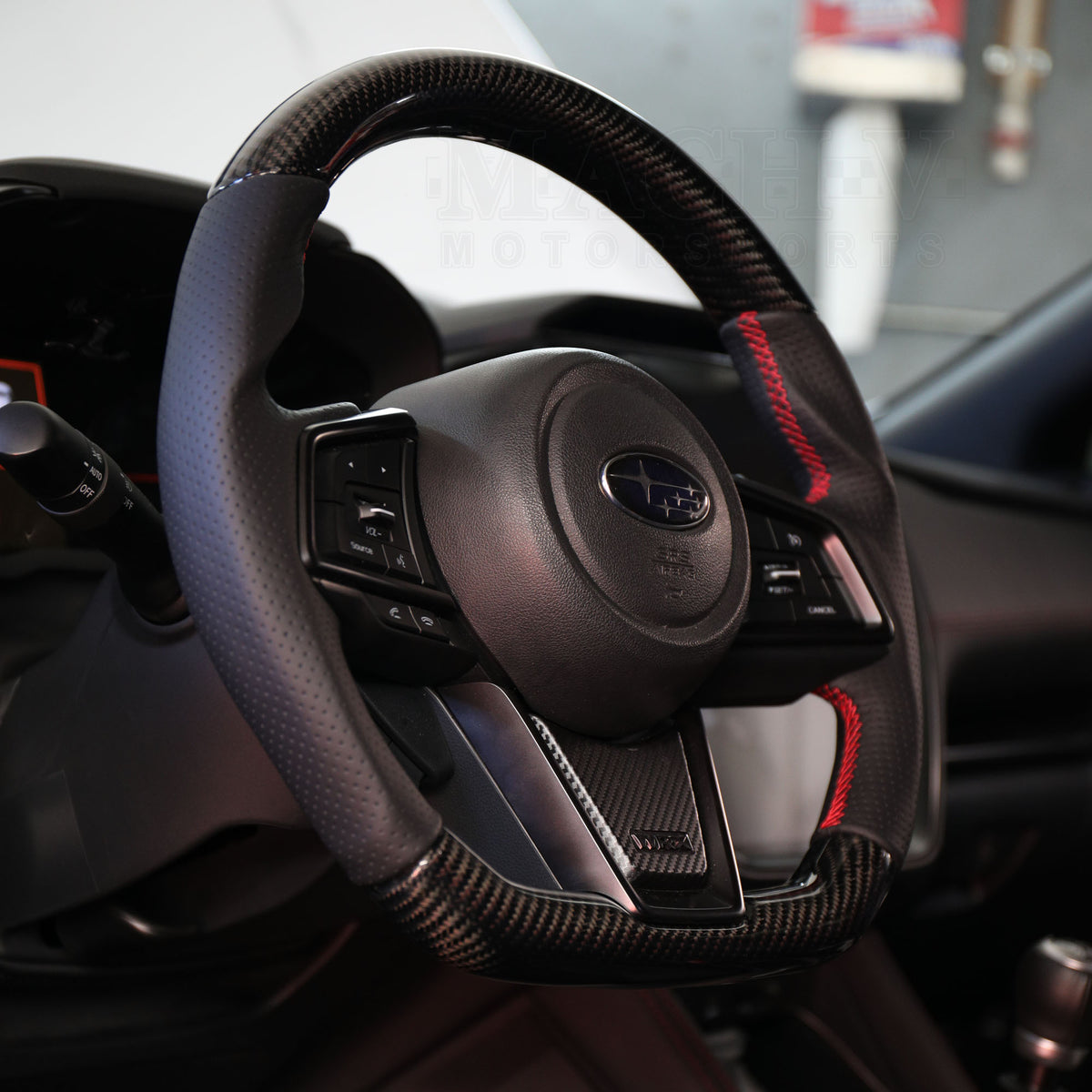 SSC BLACK LEATHER/CARBON FIBER STEERING WHEEL WITH RED STITCHING  - 2022+ WRX