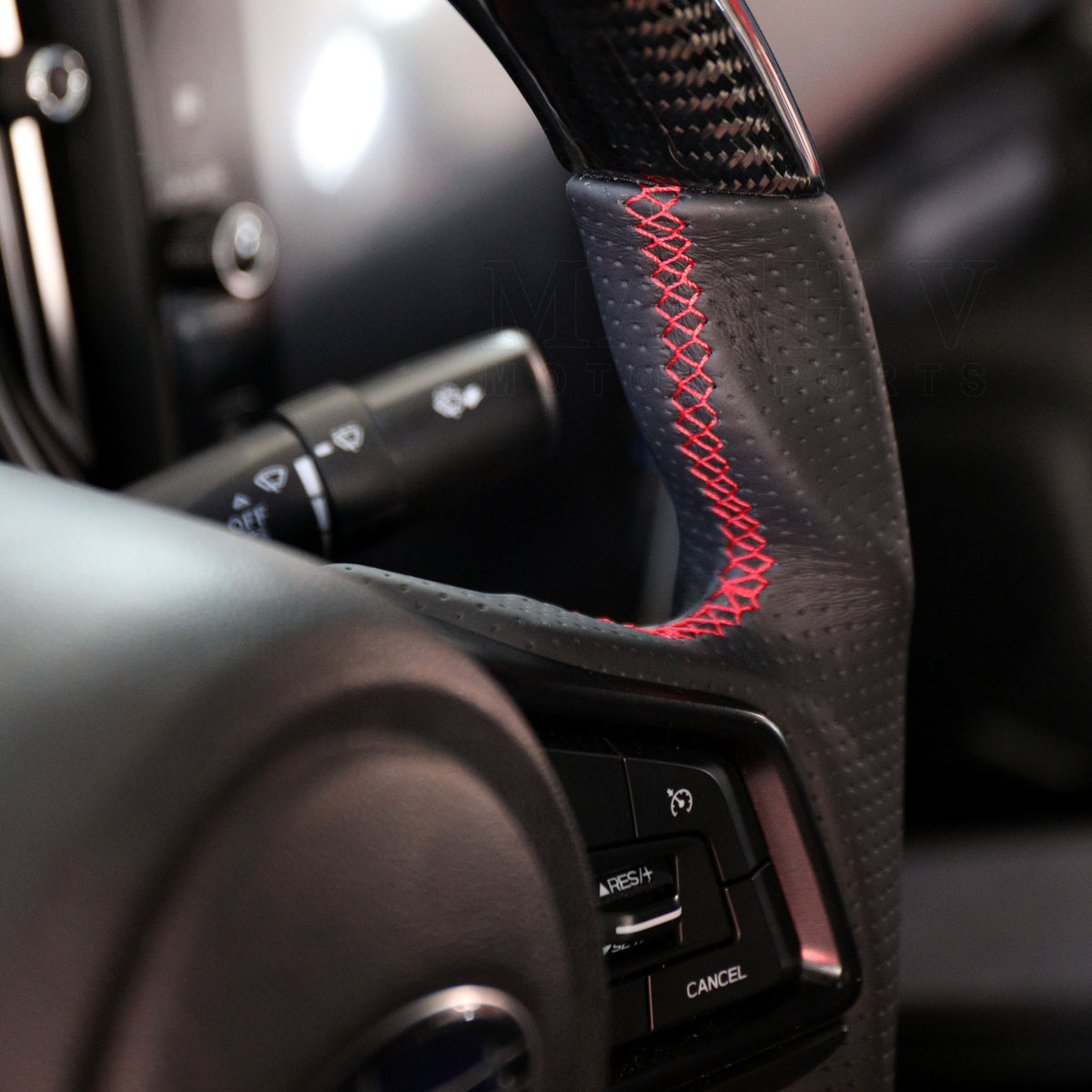 SSC BLACK LEATHER/CARBON FIBER STEERING WHEEL WITH RED STITCHING  - 2022+ WRX
