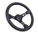 NRG Reinforced Steering Wheel (350mm / 3in. Deep) Blk Leather w/Blk Spoke & Circle Cutouts