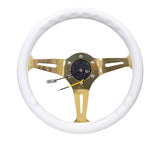 NRG Classic Wood Grain Steering Wheel (350mm) White Grip w/Chrome Gold 3-Spoke Center