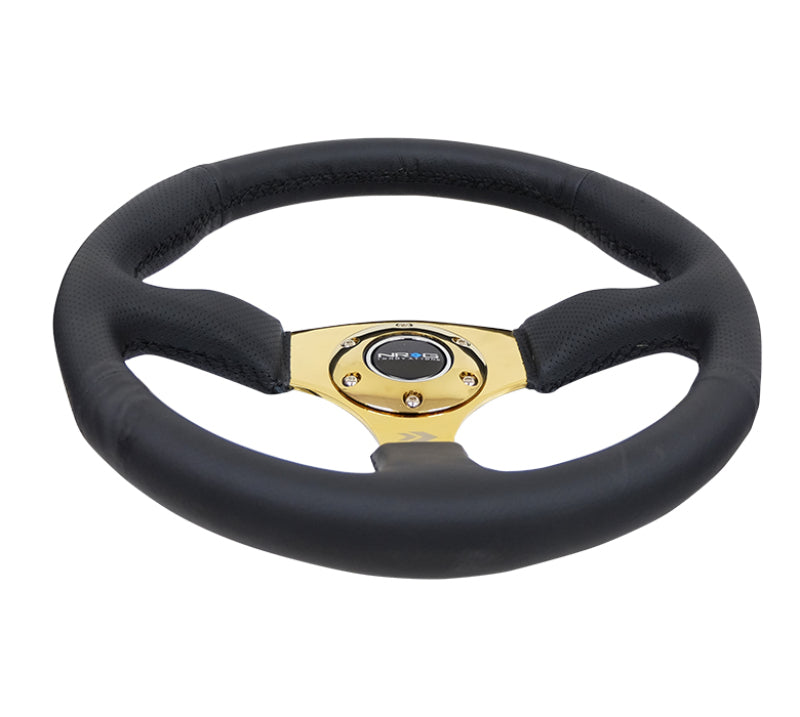 NRG Reinforced Steering Wheel (350mm / 2.5in. Deep) Leather Race Comfort Grip w/4mm Gold Spokes