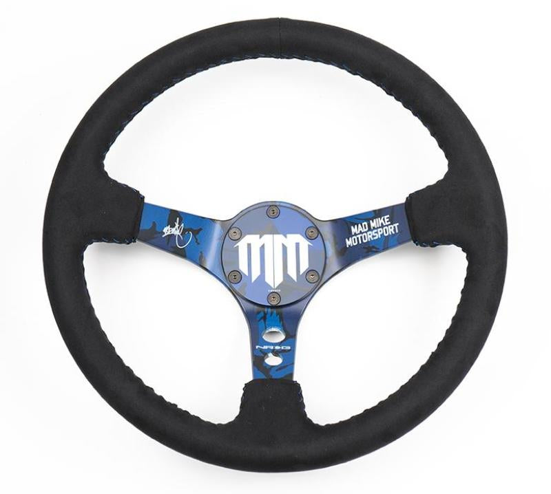 NRG Reinforced Steering Wheel (3in. Deep) Mad Mike/ 5mm Spoke /Alcantara Finish w/ Blue Stitching