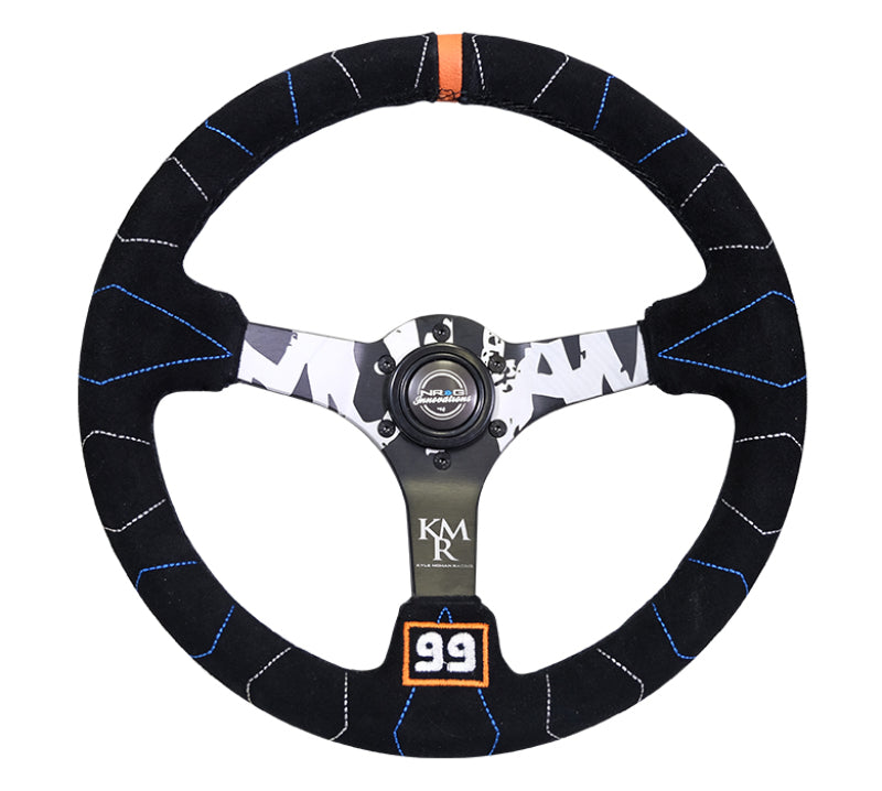 NRG Reinforced Steering Wheel (350mm / 3in. Deep) Blk Suede w/Color Stitch (Kyle Mohan Edition)