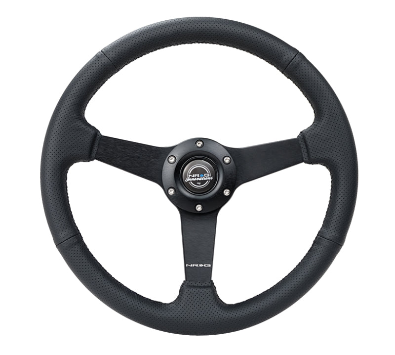 NRG Sport Steering Wheel (350mm / 1.5in Deep) Black Leather Black Stitch w/Matte Black Solid Spokes