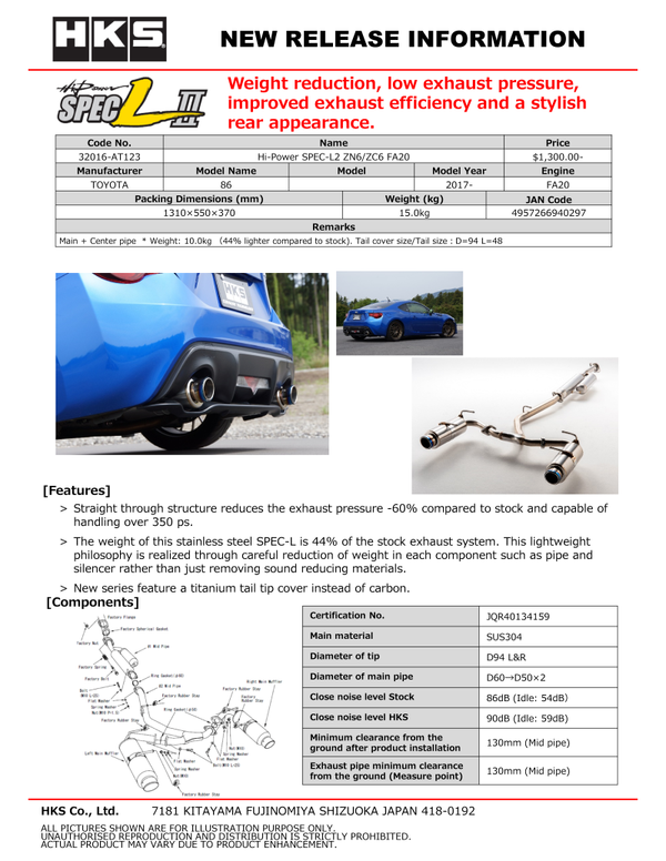 HKS Hi-Power Spec-L2 Cat-Back Exhaust System - 2013-2021 Subaru BRZ