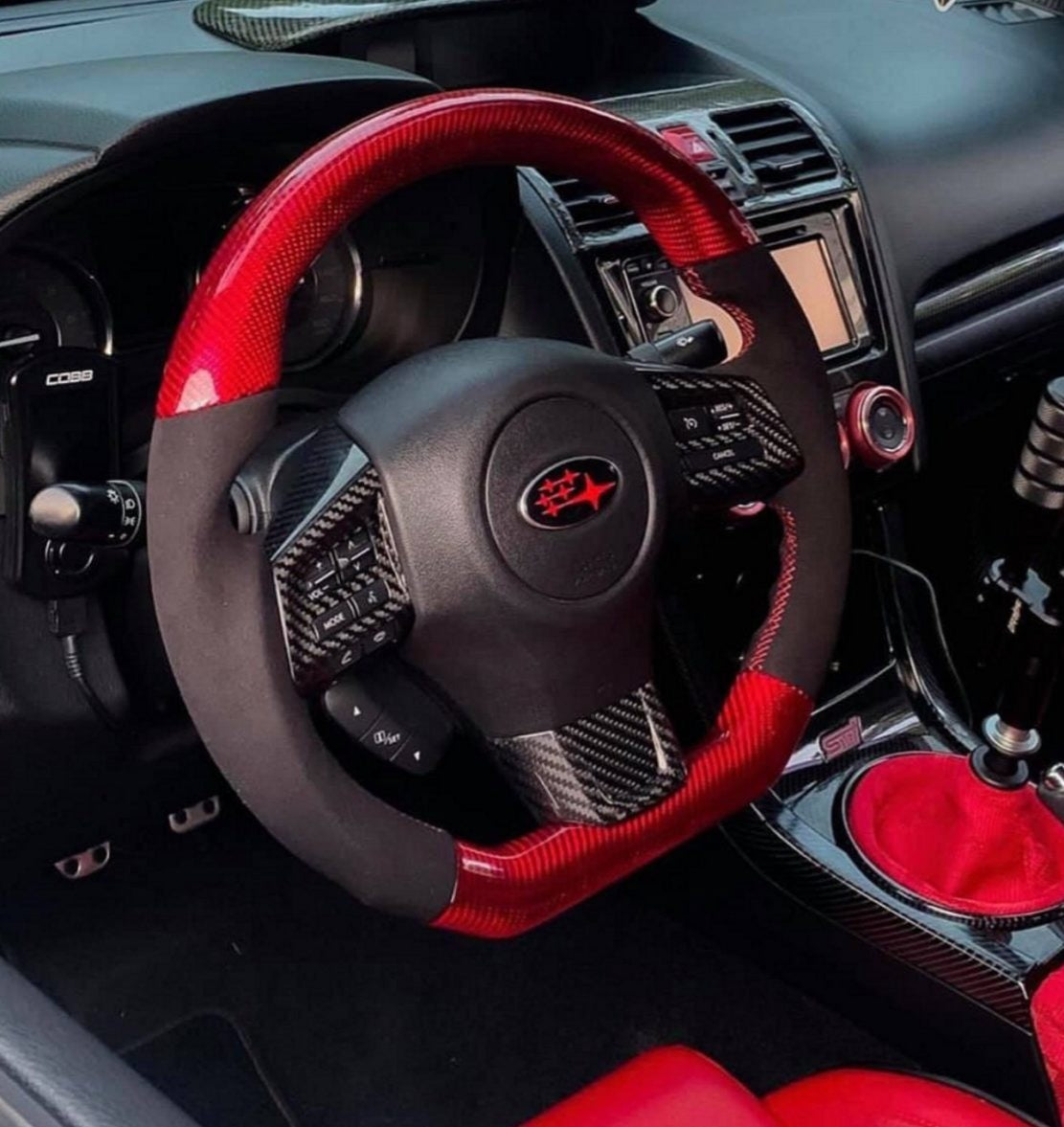 SSC BLACK LEATHER/RED CARBON FIBER STEERING WHEEL WITH RED STITCHING  - 2015-2021 WRX/STI