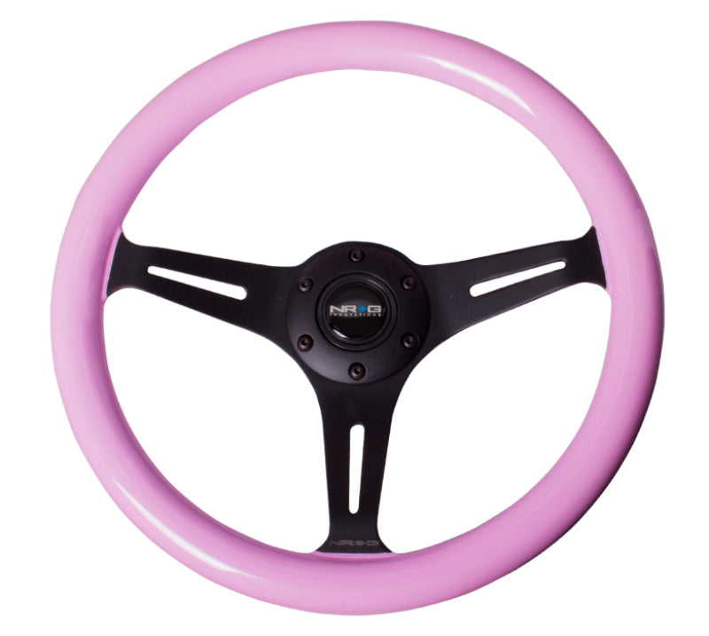 NRG Classic Wood Grain Steering Wheel (350mm) Solid Pink Painted Grip w/Black 3-Spoke Center