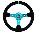 NRG Reinforced Steering Wheel (350mm/ 3in. Deep) Black Suede/ Teal Center Mark/ Teal Stitching