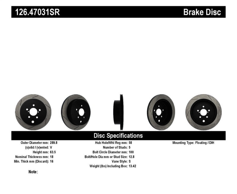 StopTech Power-Slot Slotted Rear Right Rotor - 2010-2013 Legacy, 2013-2023 BRZ